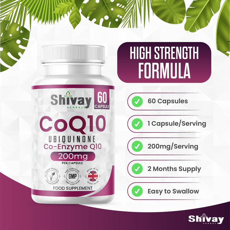 Co Enzyme Q10 200mg Per Capsule | Pure & Natural Ubiquinone | High Strength CoQ10 Vegan Capsules Supplement | Made in The UK | Shivay Herbals (60 Capsules) 60 Capsules