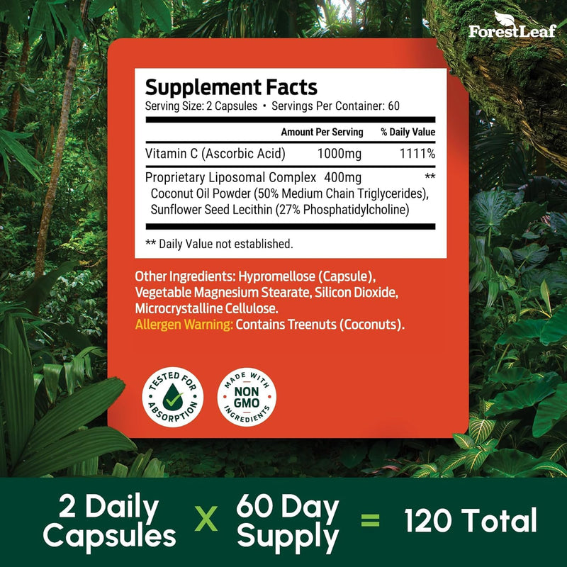 ForestLeaf Liposomal Vitamin C 1000mg Capsules | High Dose Vitamin C Liposomal Supplement w Coconut Oil Fatty Acids | Fast Absorption | Immune Support, Antioxidant, Collagen Production | 120 Vegan Cap