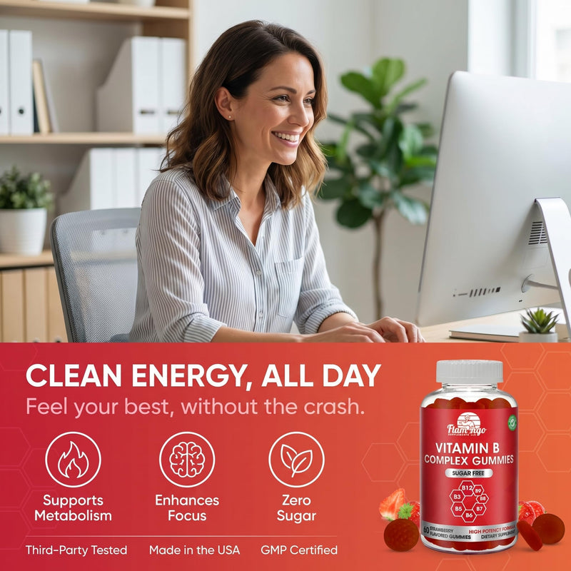 Sugar Free Methylated Vitamin B Complex Gummies for Energy Support - Vitamin B12, B6, B7 Biotin, B9 Folate, B3 Niacin & B5 - Vegan, Third Party Tested - Prenatal & Older Adults - 60 Gummies