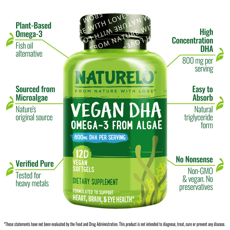 [Australia] - NATURELO Vegan DHA - Omega 3 Oil from Algae - Supplement for Brain, Heart, Joint, Eye Health - Provides Essential Fatty Acids for Women Men and Kids - Complements Prenatal Vitamins - 120 Softgels 120 Count (Pack of 1) 