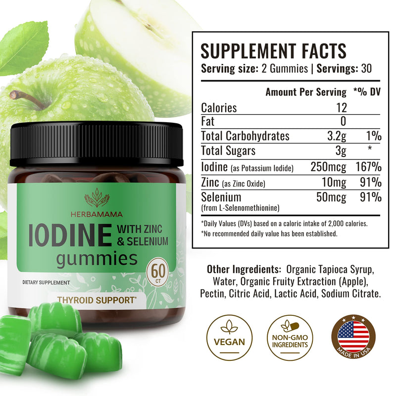 [Australia] - Iodine Gummies - Iodine and Selenium Supplement - Thyroid Support Supplement for Mind Health, Energy & Immunity - Iodine Supplement with Zinc & Selenium - 60 Apple Flavored Chews 