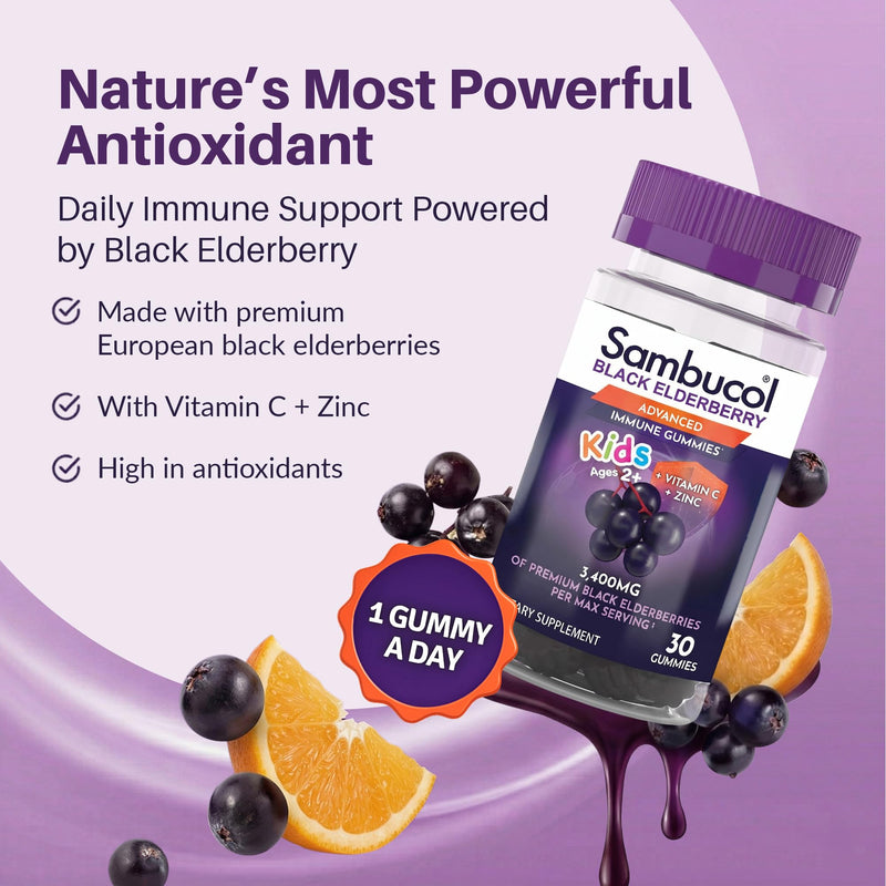 Sambucol Black Elderberry Gummies for Kids, Low Sugar - 30 Count | Elderberry Gummies with Zinc and Vitamin C, Chewable Supplement for Kids, Berry Flavor 30 Count (Pack of 1)