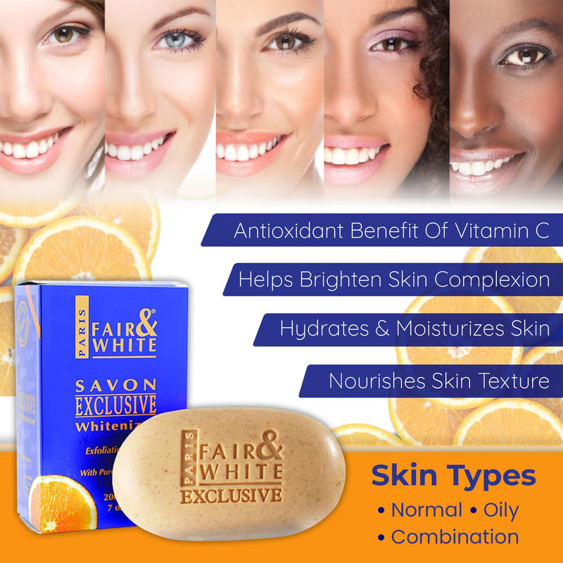 FAIR & WHITE Exclusive Exfoliating Soap - 7 oz / 200 g - Skin Brightening Bar, Moisturizing Soap for Uneven Skin Tone, with Vitamin C and Shea Butter 7 Ounce (Pack of 1)