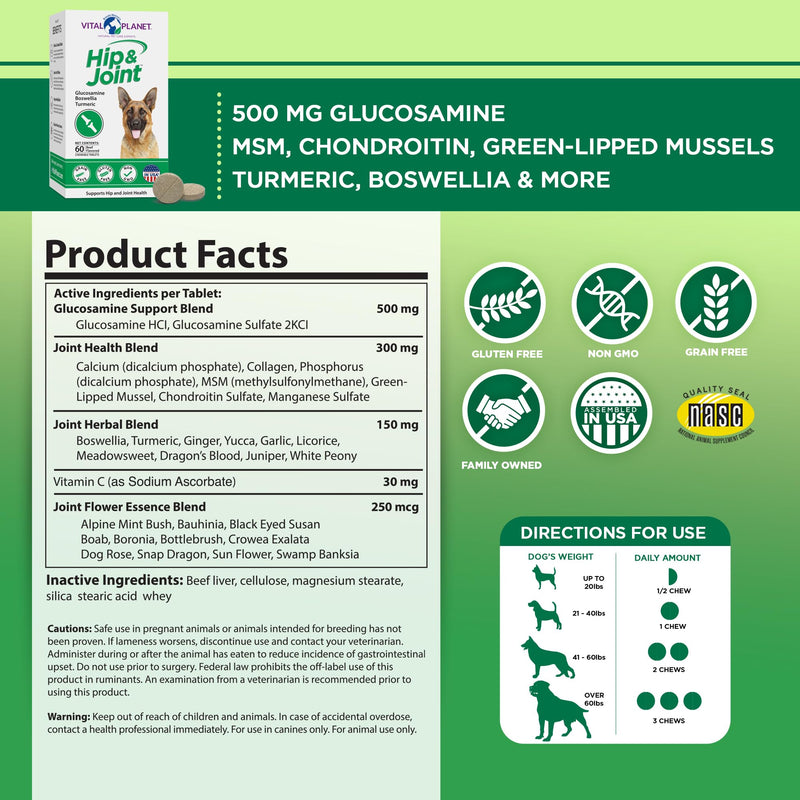 Vital Planet - Natural Hip and Joint Supplement for Dogs - Potent Herbal Blend with Green Lipped Mussel, MSM and Glucosamine Beef Flavor (60 Chewable Tabs) - PawsPlanet Australia