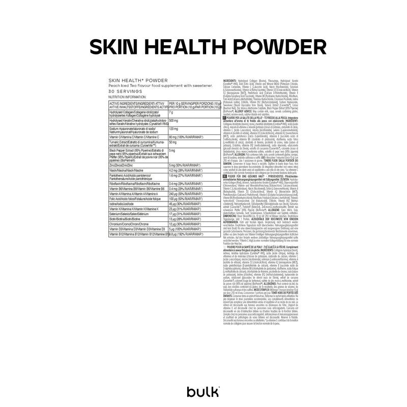 Bulk Skin Health Powder, Peach Iced Tea Flavour, 300 g, 30 Servings, Collagen, Keratin, Hyaluronic Acid, Vitamins A, C & D, Biotin, Zinc, Selenium, Beauty Supplement for Skin, Hair & Nails