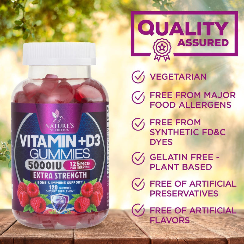 Vitamin D Supplement Gummy - Vitamin D3 125 mcg 5000 IU Per Serving - Bone, Teeth, Muscle and Immune Health Support for Men & Women, Premium VIT D3 Nature's & Gluten Free - 120 Gummies 120 Count (Pack of 1)