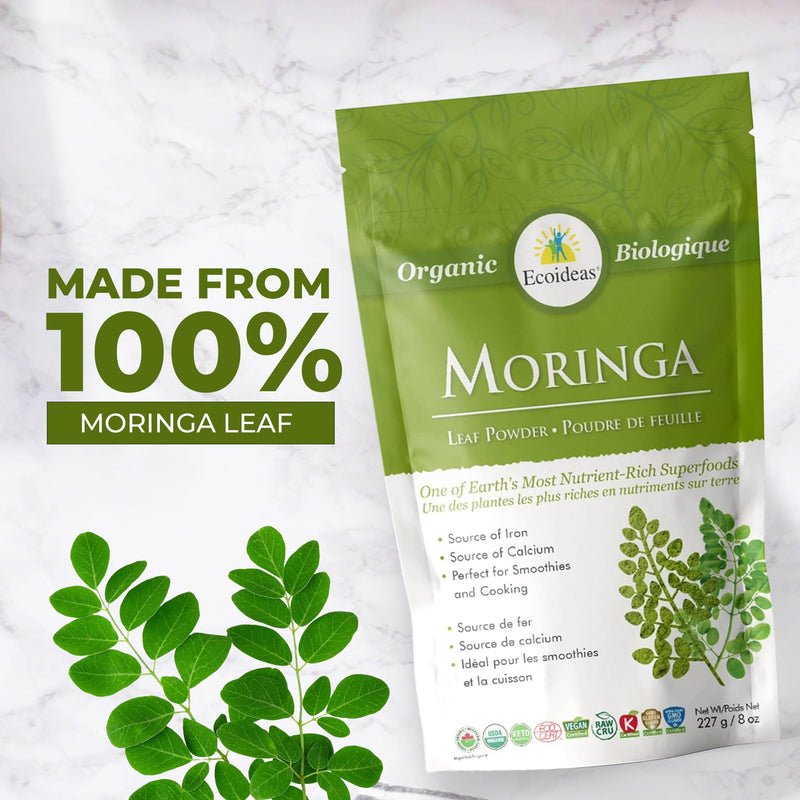Ecoideas Org. Moringa Powder, 8 OZ Bag - Certified Organic, Kosher, Vegan, Gluten-free, Non-GMO, and RAW CRU 227 Gram