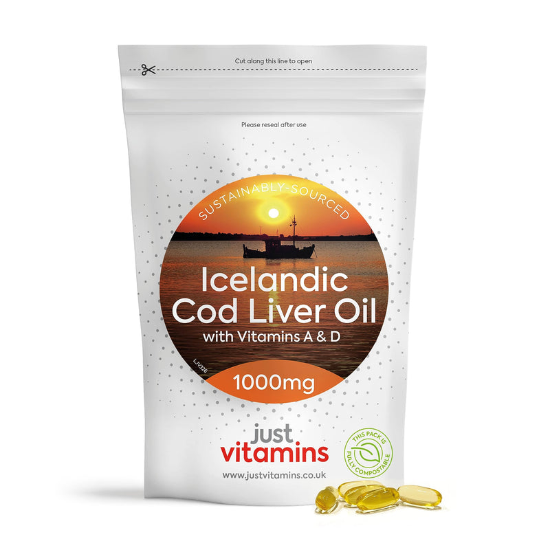 Icelandic Cod Liver Oil 1000mg | 90 Premium Softgels | High Strength Omega 3 with Vitamins A & D | Supports Heart, Brain & Eye Health | UK Made - Just Vitamins
