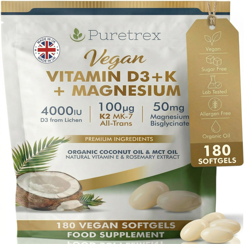 Puretrex Vegan Vitamin D3 K2 Magnesium 180 Softgels Made in UK – 4000IU Vitamin D (Lichen) with K2 MK7 100µg and Magnesium Bisglycinate, Immune Bone Support, Coconut MCT High Absorption Formula