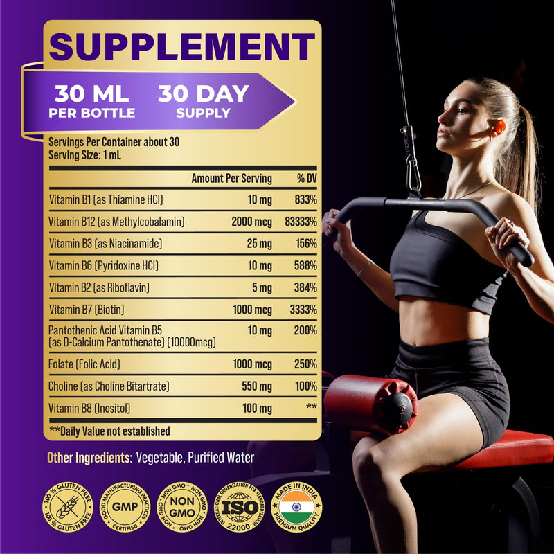 10in1 Vitamin B Complex Liquid Drops with B1 Thiamine, B12 Methylcobalamin, B2 Riboflavin, B3 Niacinamide, B5 Pantothenic Acid, B6 Pyridoxine, B7 Biotin and More - 30ml 1 Fl Oz