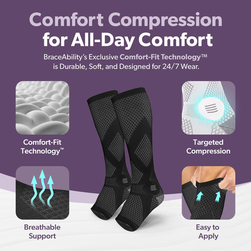 [Australia] - BraceAbility Compression Socks for Circulation - 20-30 mmHg Knee High Neuropathy Open Toe Stockings for Varicose Veins, Swelling, RLS, Medical Toeless Support for Men or Women - 1 Pair (M - Black) Medium Black - Open Toe 