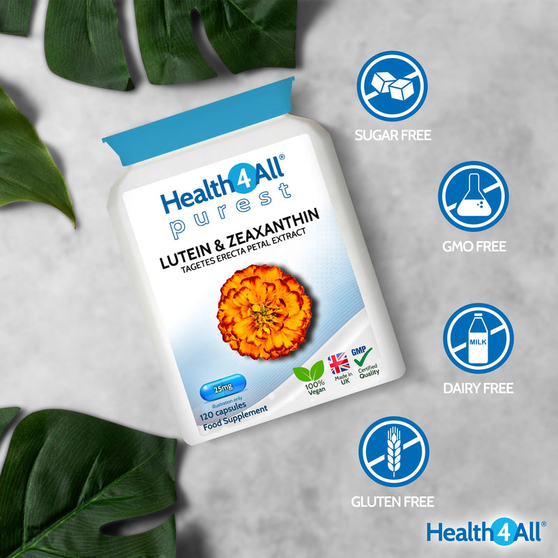 Health4All Lutein and Zeaxanthin Supplement 25mg per Capsule, 120 Capsules 4 Months Supply, Purest Eye Health Marigold Extract Supplement, Natural Eye Vitamins for Vision Care | Made in UK 120 count (Pack of 1)