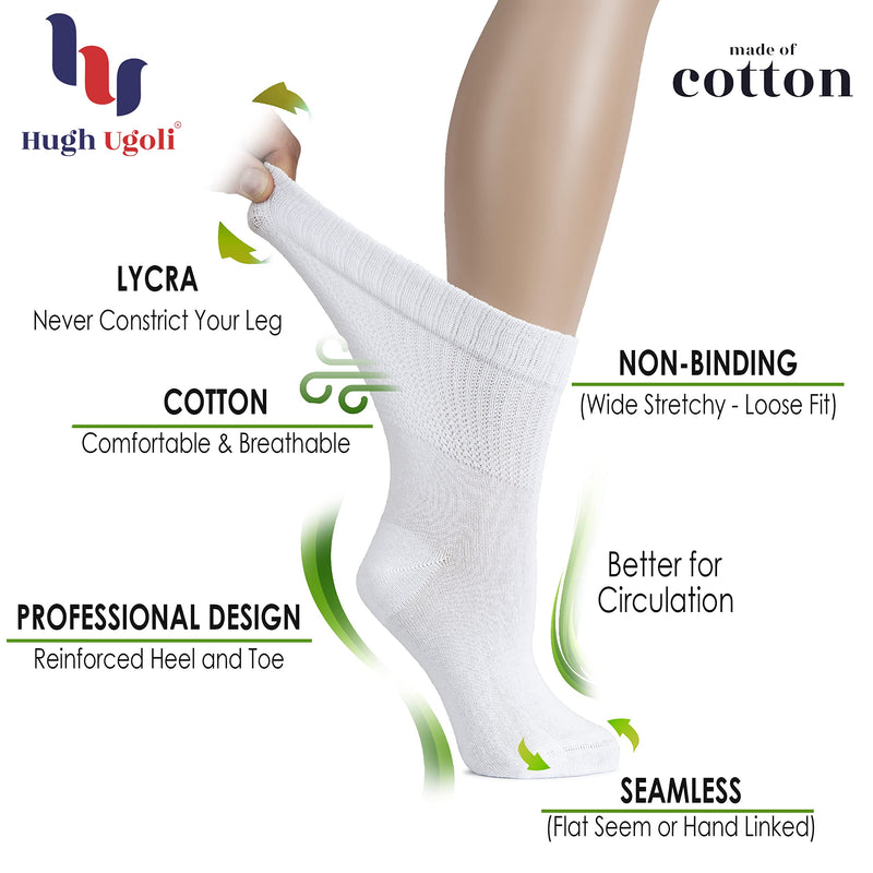 [Australia] - Hugh Ugoli Women's Cotton Diabetic Crew Socks, Wide, Thin, Loose Fit and Stretchy, Seamless Toe & Non-Binding Top, 4 Pairs 9-12 White (4 Pairs) 