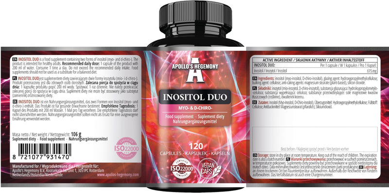 Inositol Duo 120 Vegan Capsules - Myo-Inositol + D-Chiro-inositol - 615 mg per Capsule - 4 Months Supply - Vitamin B8 Supplement - by Apollo's Hegemony