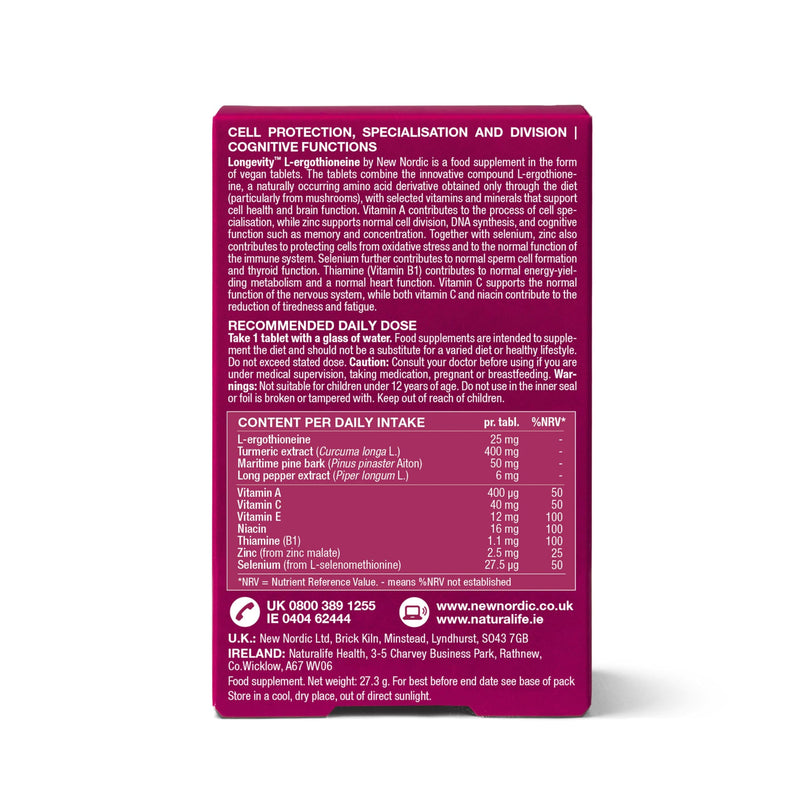 New Nordic Longevity L-Ergothioneine Tablets, Antioxidant with Vitamins & Minerals, Cognitive & Cell Support, 30 Tablet