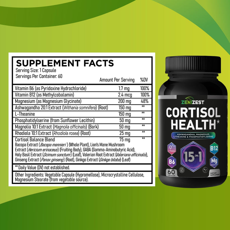 [Australia] - Cortisol Detox Supplement for Women Men - Control & Lower High Cortisol Level - Adrenal Health Balance Cleanse Sleep Stress Support - Magnesium Ashwagandha L-Theanine Cortisol Blocker Reducer 60 Count (Pack of 1) 