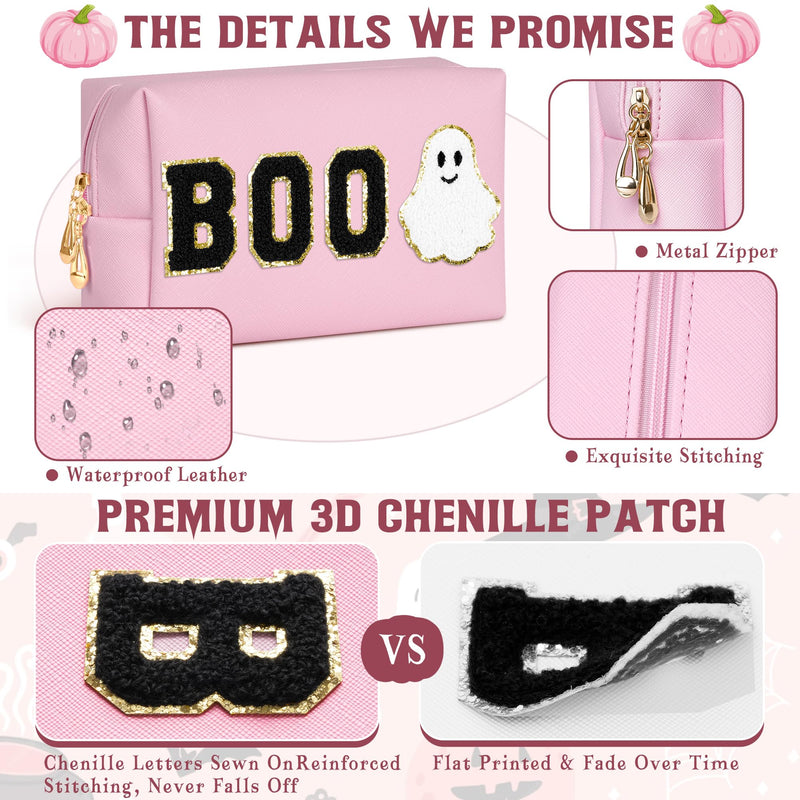 Dripykiaa Halloween Makeup Bag Boo Basket Gifts, Spooky Basket Gift for Women, Large Capacity Cosmetic Pouch with Ghost Chenille Patch, Soft Leather Zipper Toiletry Travel Organizer