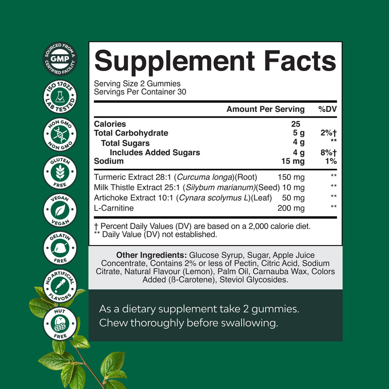 Natures Craft Cleansing Herbal Liver Detox Gummies Liver Support Milk Thistle Gummies with Artichoke Extract Turmeric Curcumin and L-Carnitine - Vegan and Non-GMO - Sweet Lemon - 60 Count (Pack of 1) 60 Count (Pack of 1)
