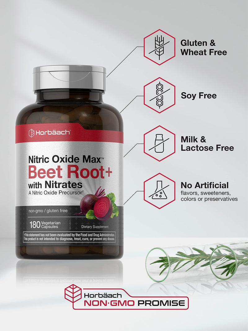 Horbäach Nitric Oxide Beet Root Capsules and Precursor | with Nitrates | 180 Count | Vegetarian, Non-GMO, Gluten Free Supplement