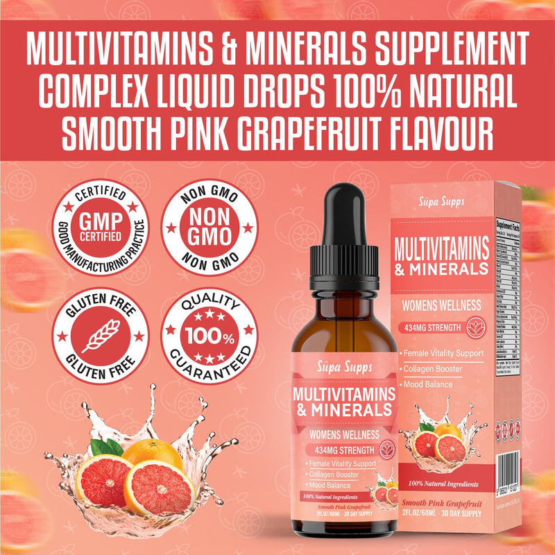 Multivitamins & Minerals for Women 30 Plus - Daily Vitamins A C D E K B Complex, Iron & Zinc - Smooth Pink Grapefruit Flavour - Liquid Multivitamin for Women - Alternative to Tablets & Gummies - 60ml