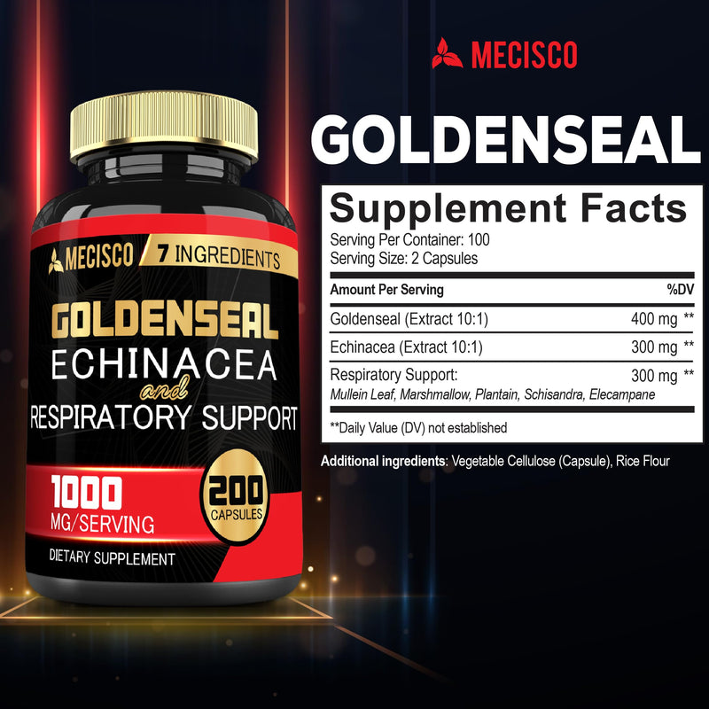 [Australia] - Goldenseal Root Capsule Organic with Echinacea, Mullein Leaf, Plantain & More - 7 Premium Herbal Supports Immune System, Digestive Health, Smooth Breathing, and Body Management - 200 Capsules 200 Count (Pack of 1) 
