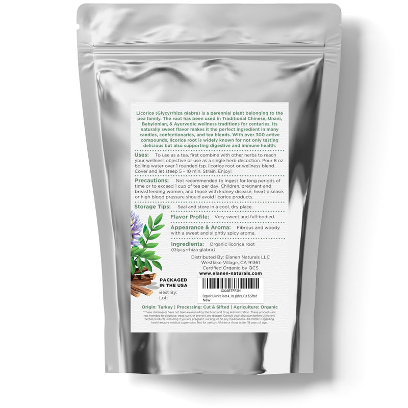 [Australia] - Organic Licorice Root 4 oz. (113g), USDA Certified Organic Licorice Root Tea, Licourice Root, Bulk Licorice Root Chopped, Liquorice, Raiz de Regaliz Licrice Root, Glycyrrhiza glabra, Cut & Sifted 4 Ounce 