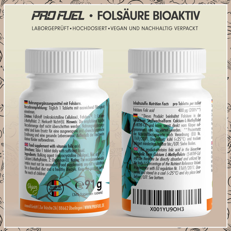 [Australia] - Folsäure BIOAKTIV 400µg - 365 Folsäure Tabletten mit bioaktiver L-5-MTHF Folsäure - optimal hochdosiert für Kinderwunsch & Schwangerschaft - laborgeprüft mit Zertifikat - 100% vegan - Jahresvorrat Folsäure Bioaktiv 91 g (1er Pack) 