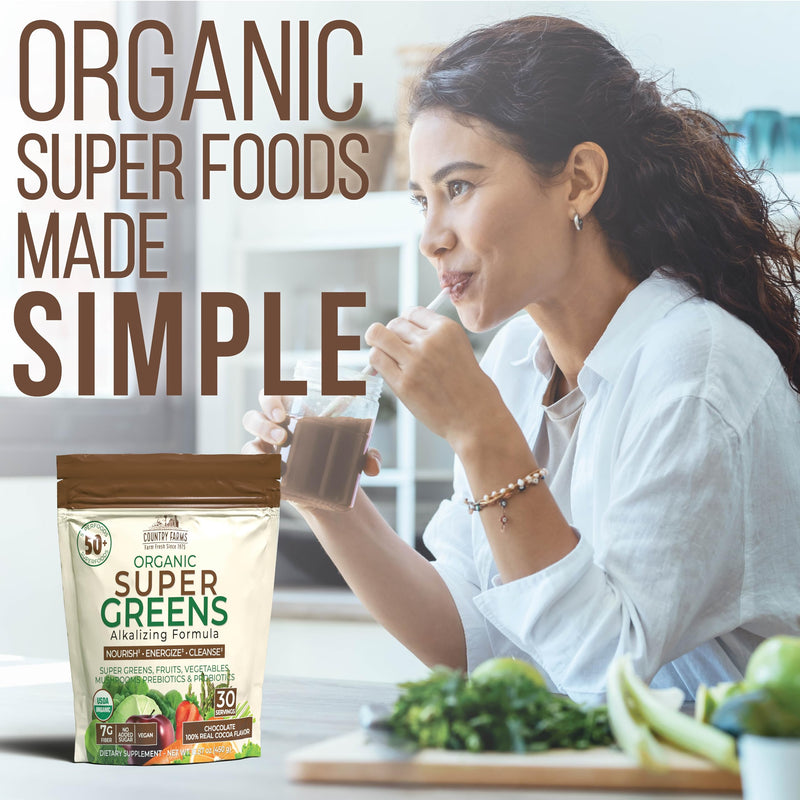 [Australia] - COUNTRY FARMS Super Greens Chocolate Flavor, 50 Organic Super Foods, USDA Organic Drink Mix (Wheat Grass, Spirulina, Chlorella) Mushrooms & Probiotics, with Fiber, Natural Energy, 30 Servings 15.87 Ounce (Pack of 1) 