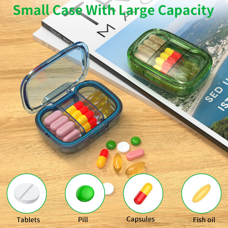 [Australia] - 2 Pack 3 Compartment Small Pill Box, Moisture Proof Pill Case, Travel Pill Organizer for Pocket Purse, Daily Portable Medicine Vitamin Box, Fish Oil Box, Supplement Box Green+blue 