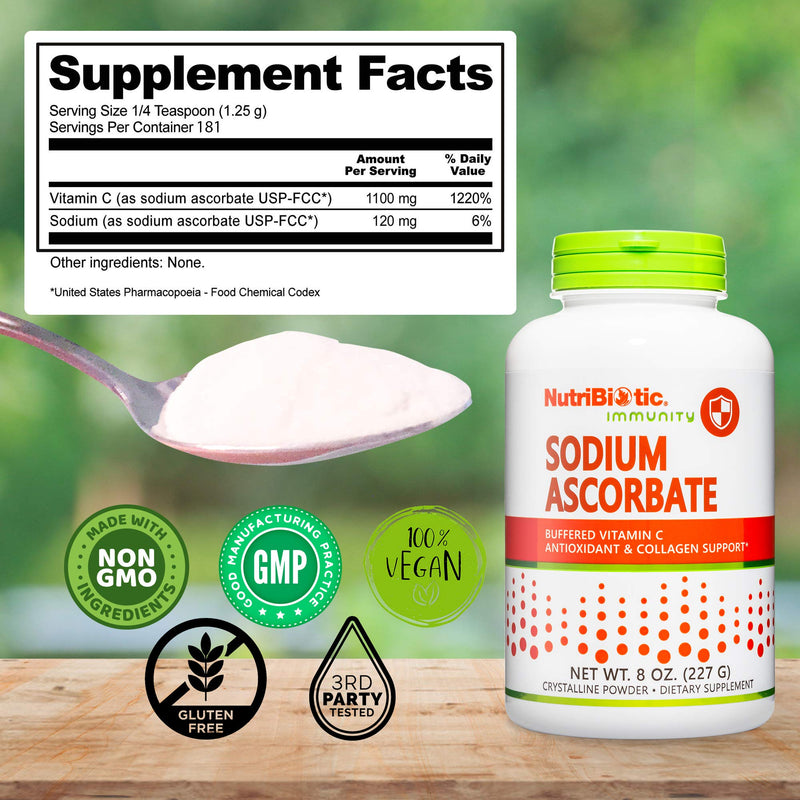 NutriBiotic - Sodium Ascorbate Buffered Vitamin C Powder, 8 Oz | Vegan, Non Acidic & Easier on Digestion Than Ascorbic Acid | Essential Immune Support & Antioxidant Supplement | Gluten & GMO Free 8 Ounce (Pack of 1)