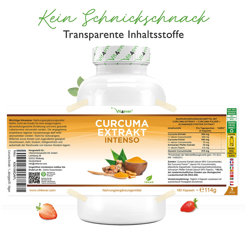 [Australia] - Curcuma extract - 180 capsules - Premium: With 98% extract - Curcumin content per daily serving corresponds to 17,150 mg turmeric - Laboratory tested - Vegan 