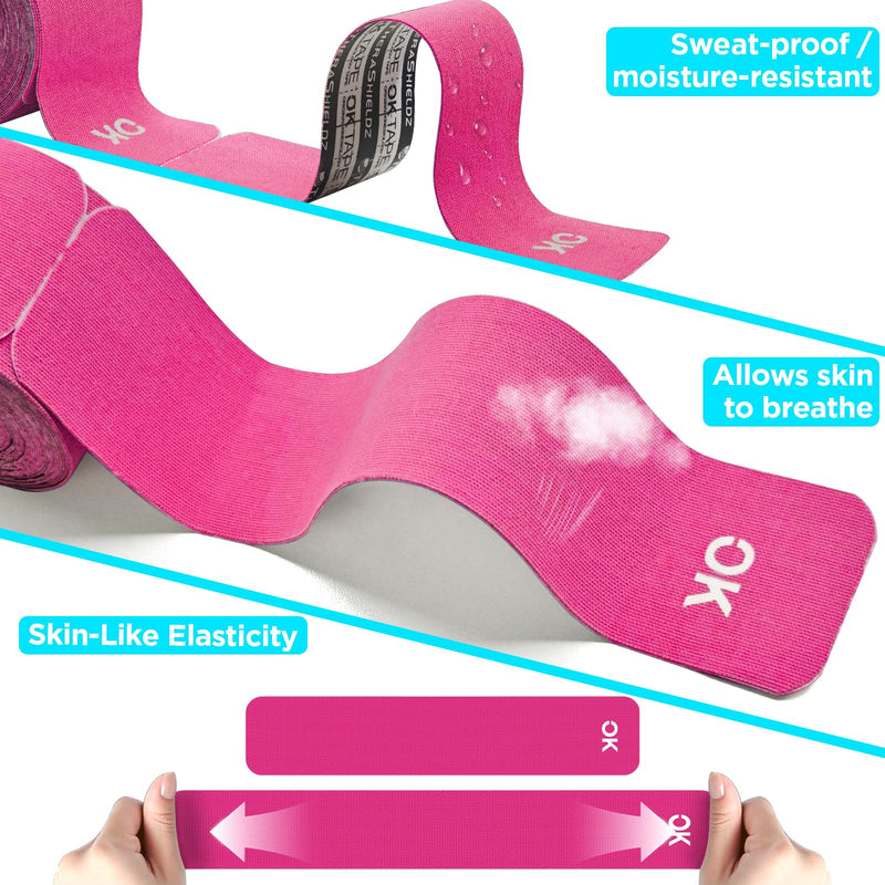 OK TAPE 4 Rolls Kinesiology Tape Precut, Cotton Elastic Athletic Tape Latex Free,20 Strips per Roll 2in x 16ft,Muscle Support,Pink Pink