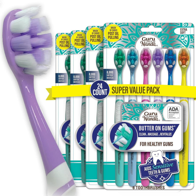 [Australia] - GuruNanda Butter On Gums Toothbrush, ADA Accepted, with 8000+ Ultra Soft Softex Bristles for Sensitive & Receding Gums, Perfect for Whiter Teeth, 6 Ct (Pack of 4) Multicolor 24 Count (Pack of 1) 