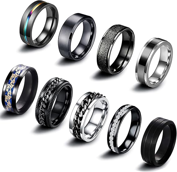 JOERICA 6Pcs Black Stainless Steel Fidget Spinner Rings for Men Women Cool Relieving Anxiety Peace Rings for Worry Wedding Promise Band Rings Set Size 7-13