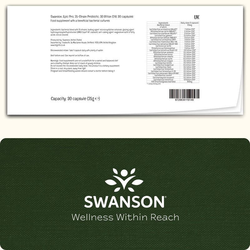 Swanson, Epic Pro 30 Billion, 25 Good Bacterial Strains with 30 Billion Bacterial Cultures, 30 Capsules, Soy Free, Gluten Free, Non GMO 30 count (Pack of 1)