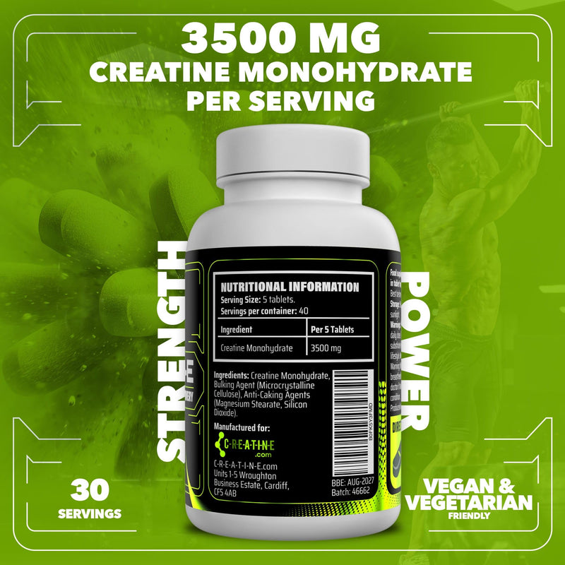 Creatine Tablets 3500mg – 200 Tablets | High Strength Muscle & Strength Support | Pure Creatine Monohydrate Supplement | Pre/Post Workout | Vegan-Friendly | Made in UK (Pack of 2) 200 count (Pack of 2)