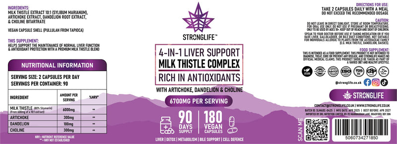 Milk Thistle High Strength Complex Capsules – 6000mg Silymarin Extract with Artichoke, Dandelion & Choline – Liver & Detox Support for Men & Women – 180 Capsules – 90 Day Supply