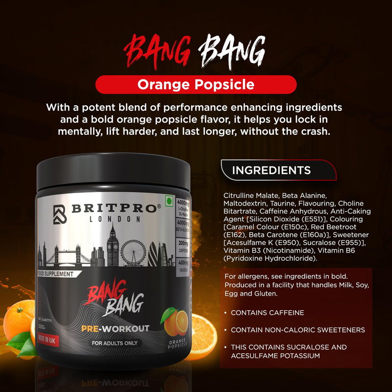 Bang Bang Pre-Workout, 300g - Orange Popsicle Flavour - High-Intensity Pre Workout, Focus & Endurance, Muscle Pump - Clean Energy, No Crash - Made in the UK