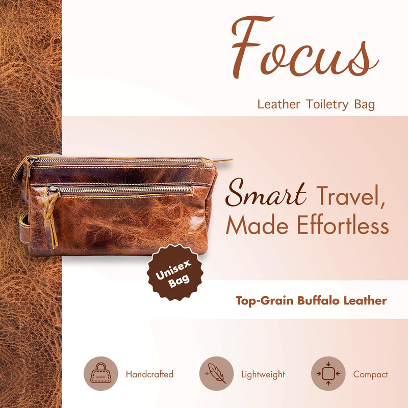DEBKIN FOCUS Premium Top Grain Buffalo Leather Toiletry Bag for Men, Fathers Day Gift for Dad, Graduation Gifts for Men Him, Leather Shaving Bag, Gift for Birthday, Anniversary, Groomsmen, Husband