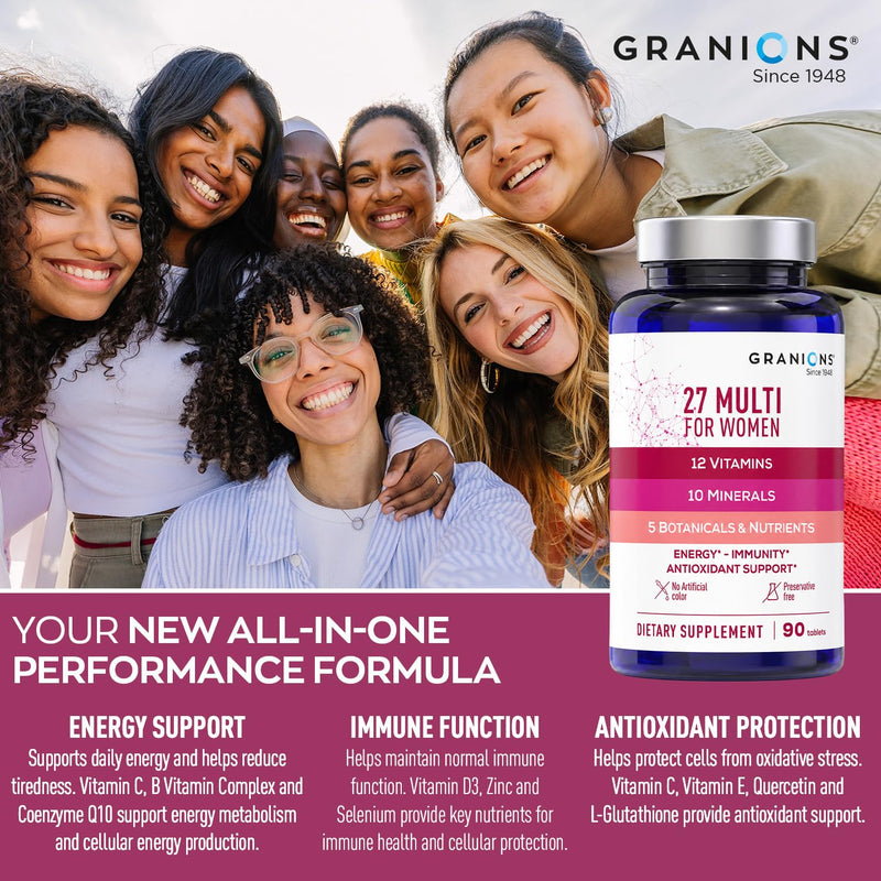 Granions Multi 27 Women's Multivitamin - Vitamins A, B, C, D3, E & B12 with Iron, Zinc, Magnesium & CoQ10 - Daily Energy, Immune & Antioxidant Support Supplement - 90 Tablets