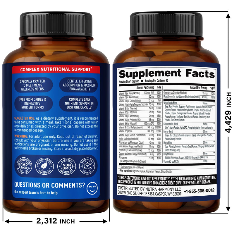 Multivitamin for Men - B-Complex & B12 | Whole Foods & Enzymes - 90 Caps | Mens Multivitamin 46in1 - Energy, Focus & Brain | Men's Health Complex - Bioavailable & Gentle on Stomach - Lab Tested, 1/Day