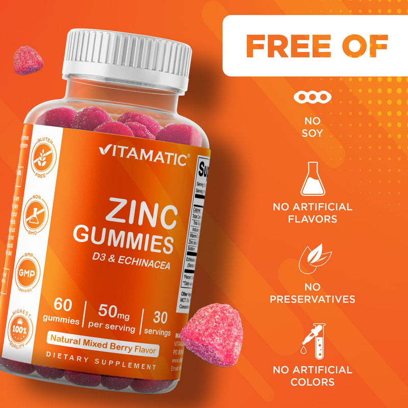 Vitamatic Zinc 50mg Gummies - 60 Vegan Gummies - Gluten Free - Healthy Immune Support for Adults, Men, Women
