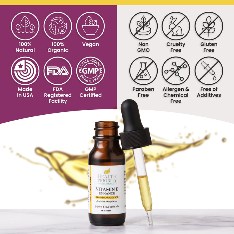 Health Priority Naturals|Vitamin E Oil - for Face/Hair - Organic, Handmade, Non-GMO, Gluten-Free, Vegan - For Scars, Wrinkles, Stretch Marks - Scented, 15,000 IU, 0.5 Fl Oz 0.5 Fl Oz (Pack of 1)