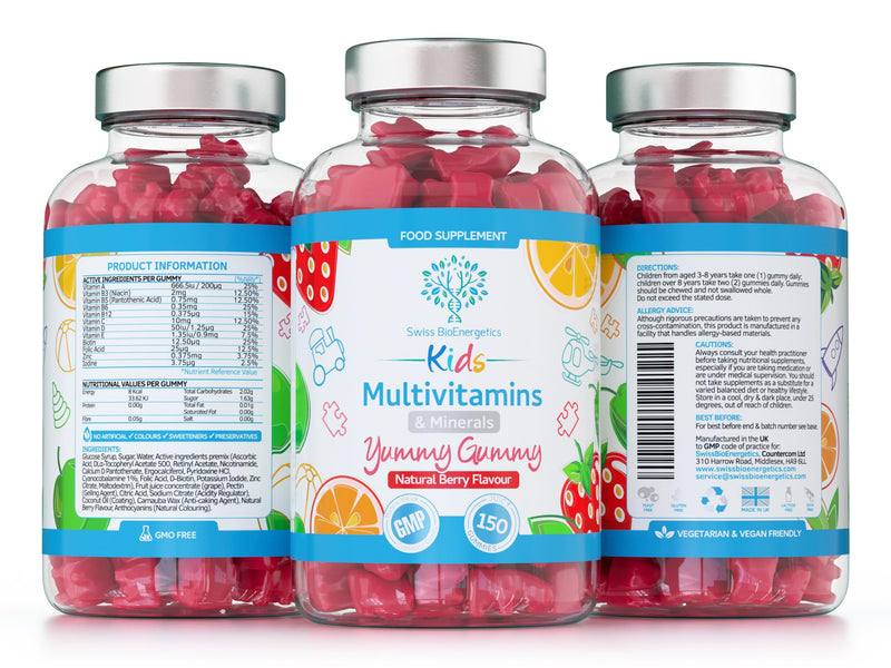 Kids/Childrens Vitamins - 150 Multivitamin & Minerals Gummies - Natural Berry Flavour Packed with Essential Nutrients - Vegan & Free of Artificial Sweeteners – 5 Months Supply – UK Made 150 Gummies