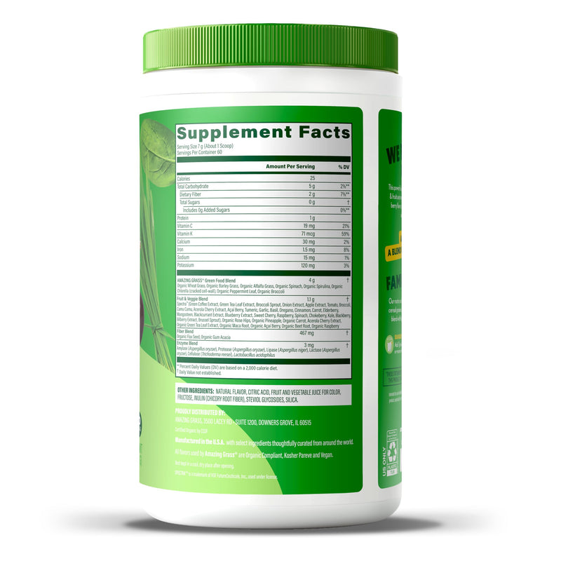Amazing Grass Super Greens Powder Antioxidant Sweet Berry, 60 Servings | Organic Antioxidant Greens Powder with Spirulina, Beet Root, Elderberry, Prebiotics, Probiotics, Vitamin C & Vitamin K 14.8 Fl Oz (Pack of 1)