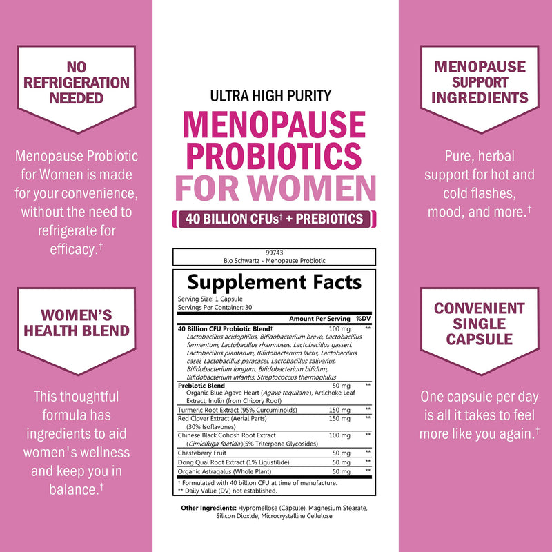 [Australia] - Menopause Supplements for Women - 40 Billion CFU Menopause Probiotics for Women - Support for Hot Flashes Night Sweats Mood Swings and Balance - Non-GMO, 30 Easy-Swallow Capsules, 30 Servings 30 Count (Pack of 1) 