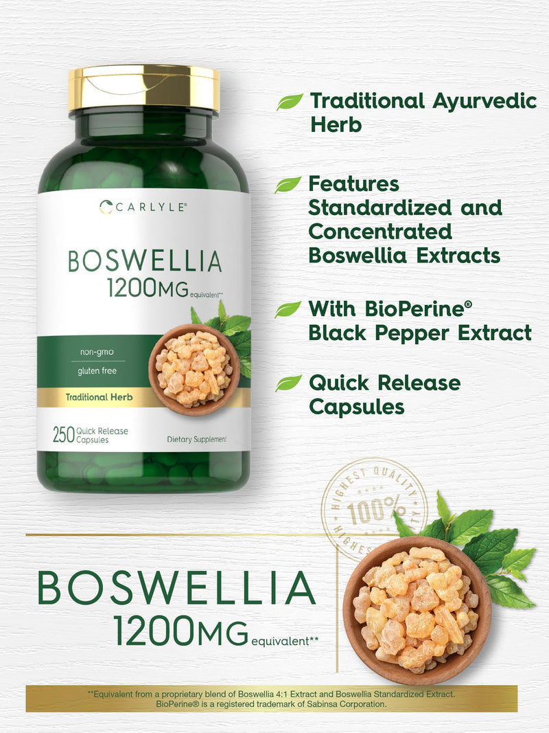 [Australia] - Carlyle Boswellia Extract Capsules 1200mg | 250 Count | Boswellia Serrata Complex with Black Pepper Extract | Non-GMO, Gluten Free Supplement 