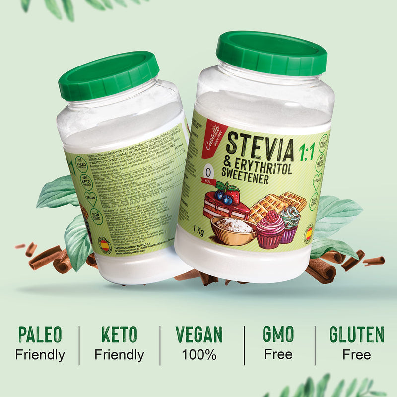 [Australia] - Stevia + erythritol 1:1 sweetener | 1g = 1g sugar | 100% Natural Sugar Substitute - 0 Calories - 0 Glycemic Index - Keto and Paleo - 0 Net Carbs - No GMO - Castello since 1907-1 kg 