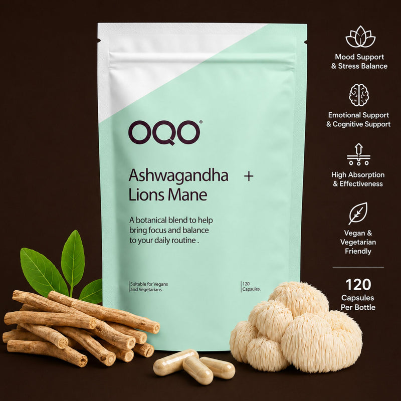 OQO Ashwagandha KSM-66 & Lion's Mane Capsules | High Strength 1400mg Ashwagandha & 600mg Lion's Mane | with Black Pepper Extract | Vegan & Vegetarian Friendly | 120 Capsules