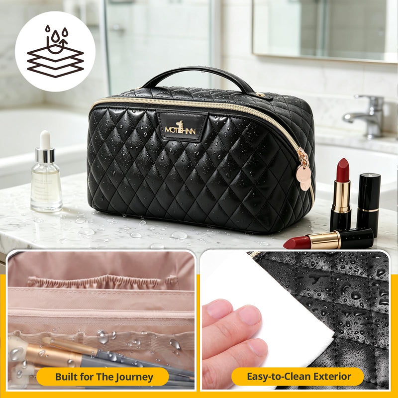 Travel Makeup Bags Cosmetic Organizer: 3Pcs Set Puffy Make up Bag for Women | Black Premium Quilted ELEGANCE Design | Large Capacity Leather Toiletry Bags | Wide Open Compact Case for Travel Essentials 01 Black